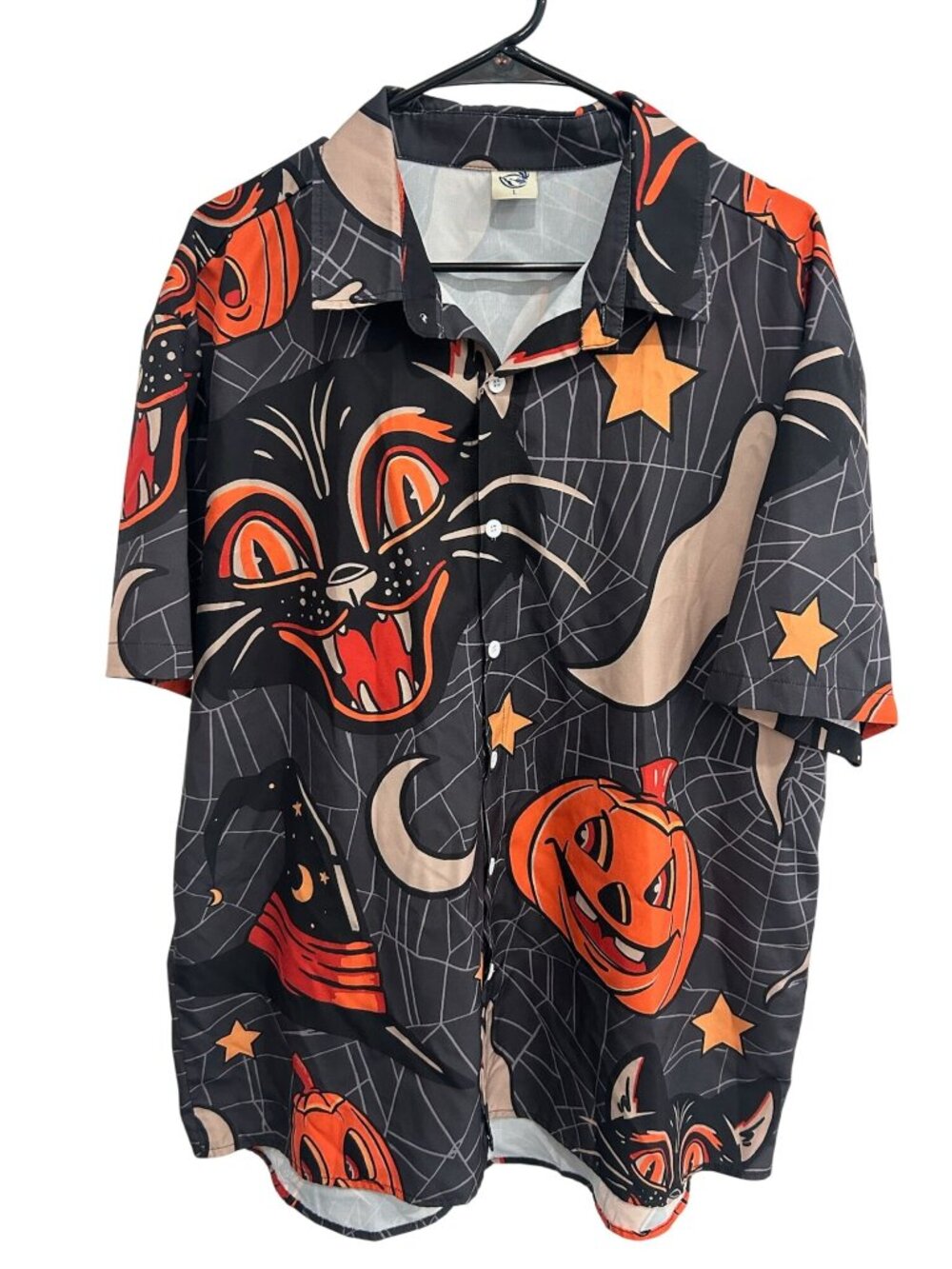 Halloween Large Black Cat Pumpkin Short Sleeve Button-Up Shirt Spooky Pattern